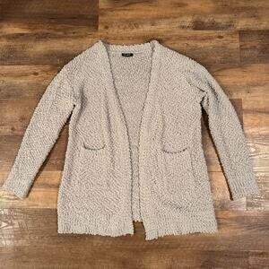 Racheal Beige Gray Fuzzy Open Front Cardigan Sweater Pockets Slub Knit Cozy M/L